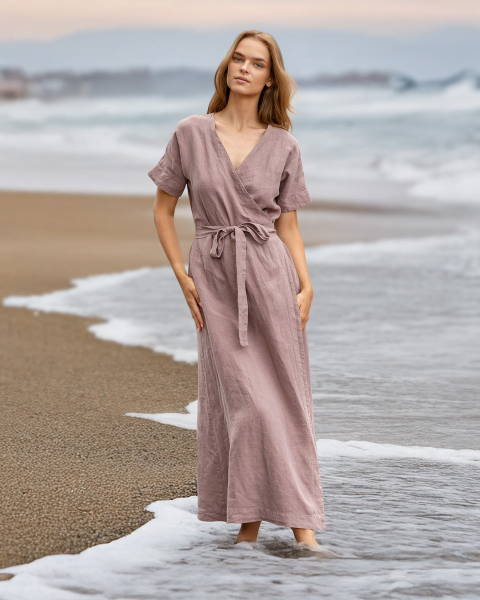 Natural Wrap Maxi Linen Dress - 100% Linen, Summer, Sun, Beach - Pure Black - L | menique Natural Wrap Maxi Linen Dress - 100% Linen, Summer, Sun, Beach - Pure Black - L | menique