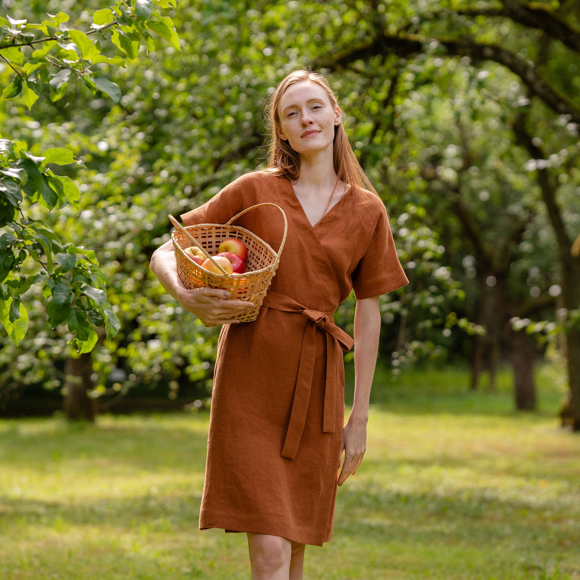 Organic Linen Wrap Dress Eliana Almond Brown ❤️ menique - MENIQUE