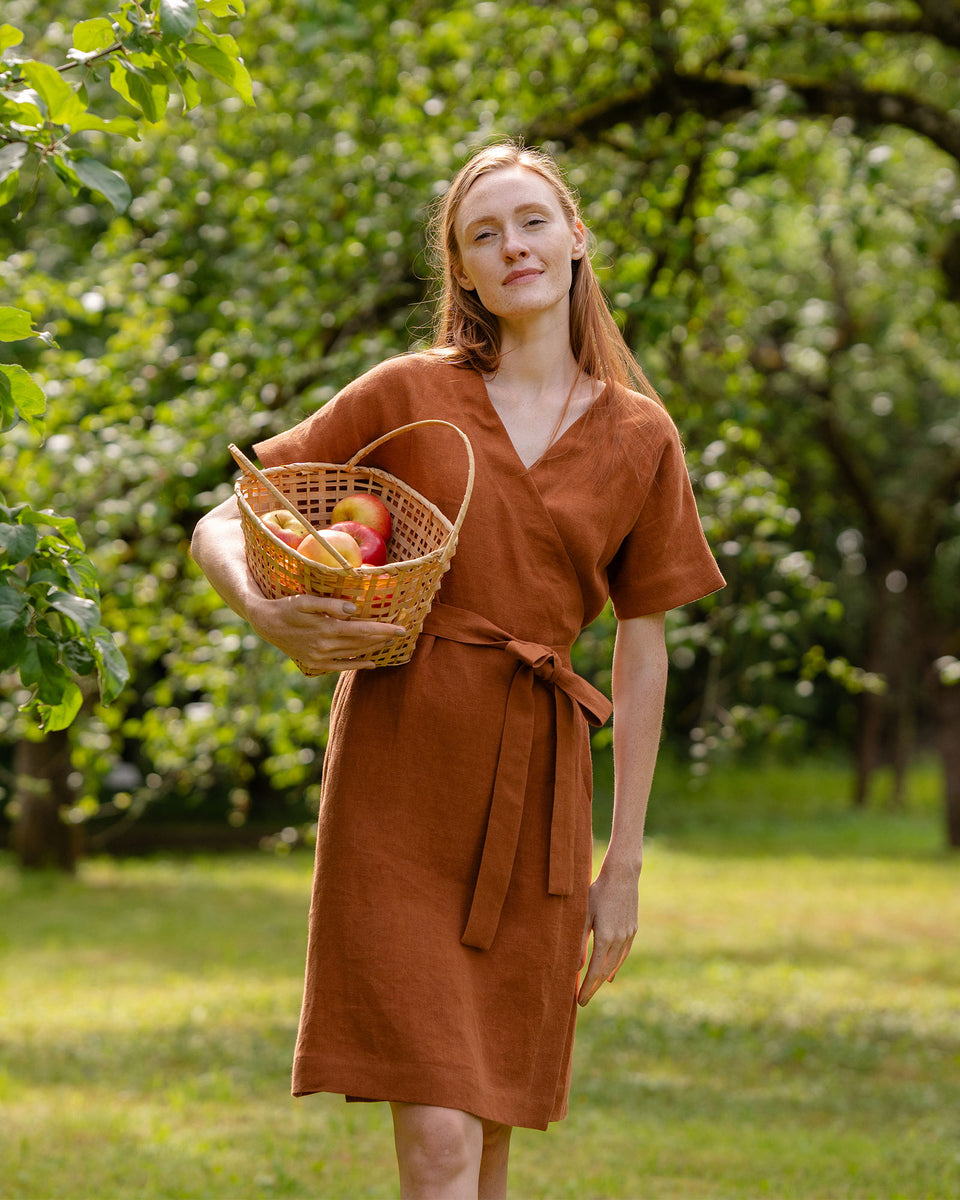 Natural Linen Wrap Dress - Midi, Cocktail, Summer, Wedding Guest - Almond Brown - XL Natural Linen Wrap Dress - Midi, Cocktail, Summer, Wedding Guest - Almond Brown - XL