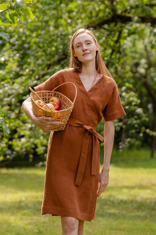 Linen Wrap Dress Eliana Almond Brown - S / Almond Brown