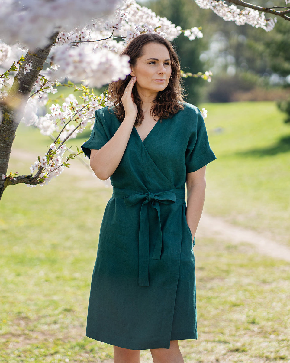 Women's Linen Wrap Dress Eliana menique - MENIQUE Women's Linen Wrap Dress Eliana menique - MENIQUE