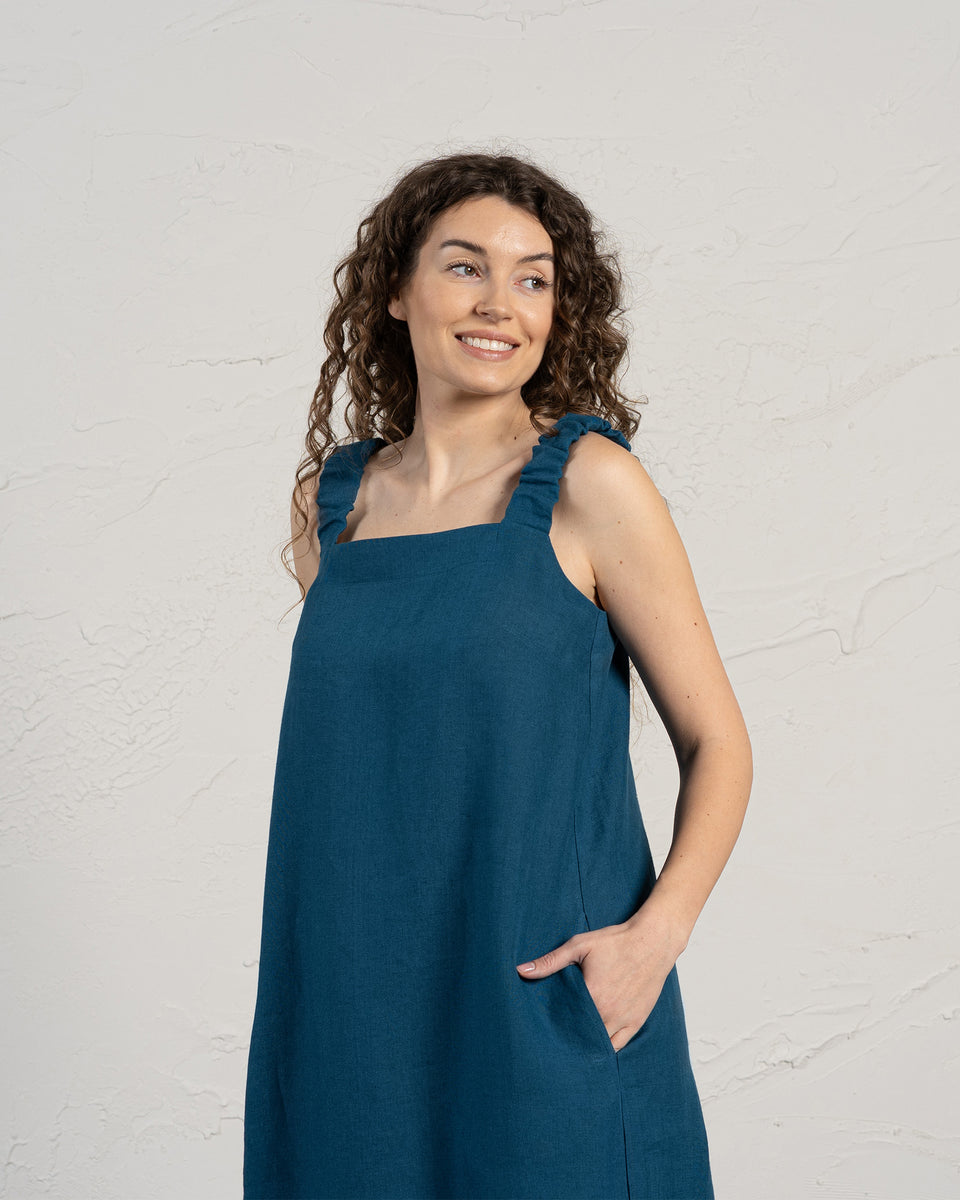 Linen Maxi Pinafore Dress Fiona XL / Pure Black