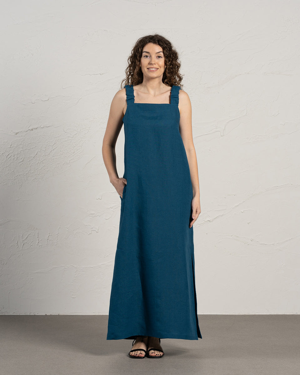 Linen Maxi Pinafore Dress Fiona XL / Pure Black