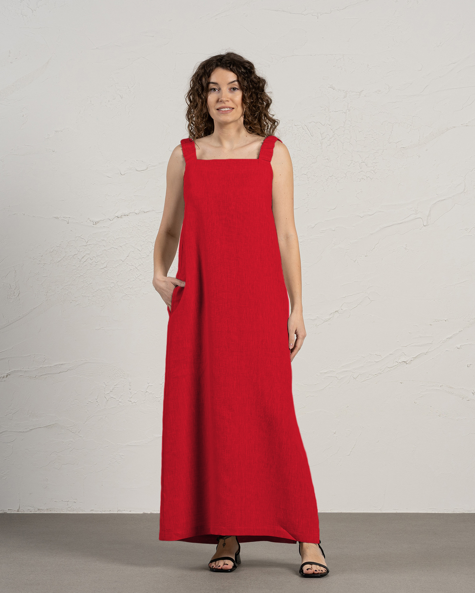 Maxi Linen Pinafore Style Dress with Open Back menique - MENIQUE Maxi Linen Pinafore Style Dress with Open Back menique - MENIQUE