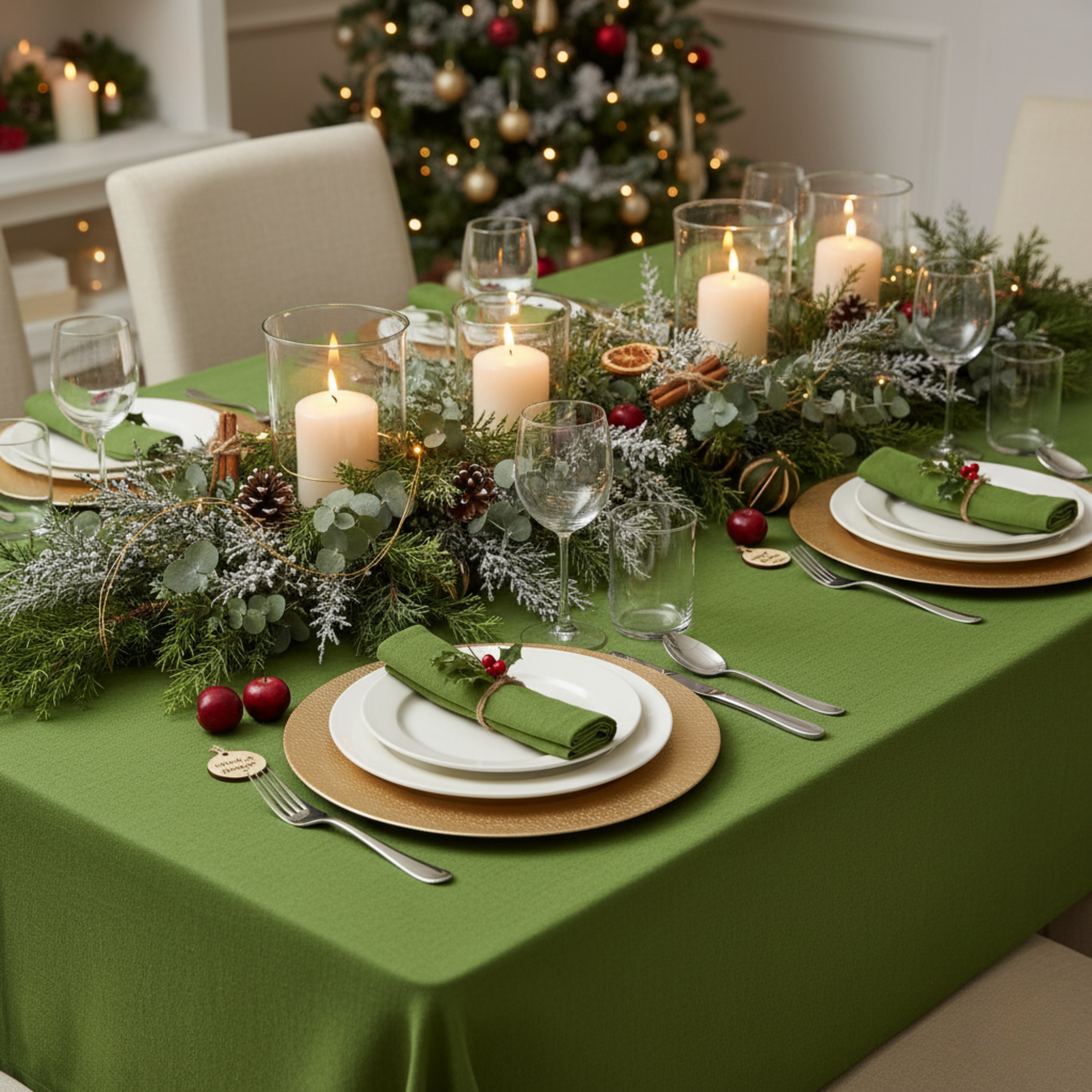 A minimalist holiday table setting featuring a folded forest green napkin placed on stacked ceramic plates beside a fork, with a brown vase holding festive greenery, pinecones, red berries, and dried orange slices.