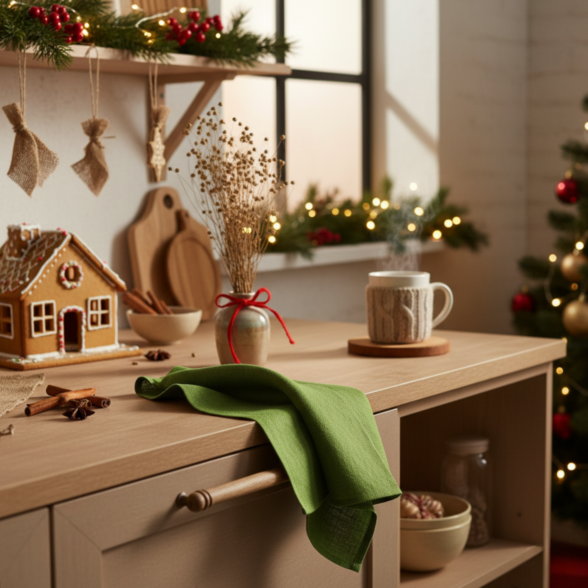 A forest green towel hanging neatly on a wooden peg rack decorated with pinecones, berries, and a small dried orange ornament, against a light textured wall.