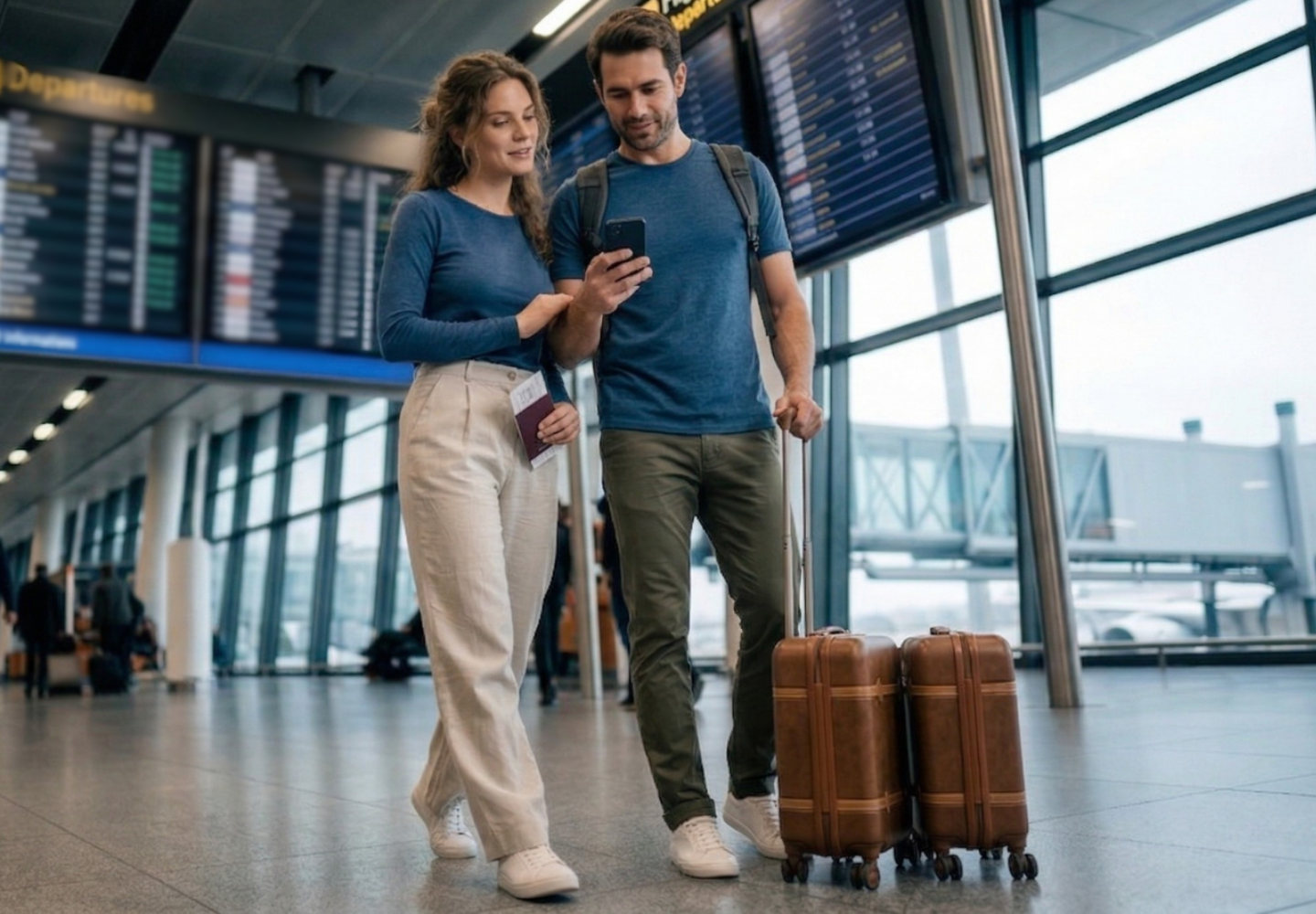 A lifestyle shot of a couple walking through a modern airport terminal. They are pulling two matching brown leather vintage-style rolling suitcases. The woman is wearing a blue long-sleeved top and beige trousers, holding passports and boarding passes. The man is wearing a blue t-shirt and olive green trousers, looking down at his smartphone. A large flight departure board is visible in the background.