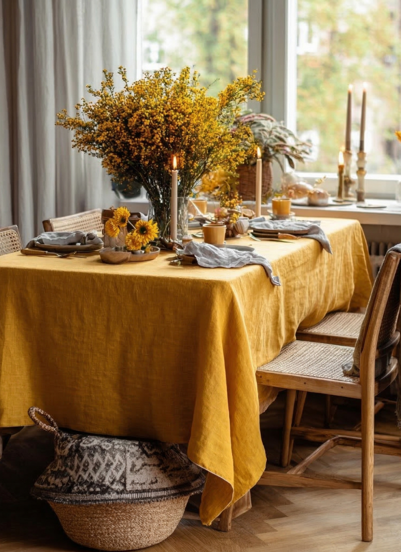 Rustic dining table with mustard linen tablecloth, candles and autumn floral centerpiece