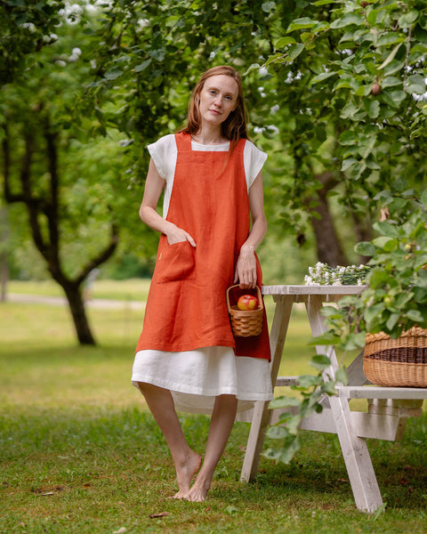Japanese Apron - 100% Linen Apron, Cross-Back Apron, Pure European Linen - Cinnamon Red - S/M | menique Japanese Apron - 100% Linen Apron, Cross-Back Apron, Pure European Linen - Cinnamon Red - S/M | menique