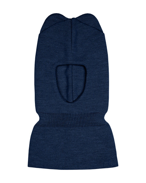 The menique kids&#39; knit merino balaclava with ears in blue color, in a white background.