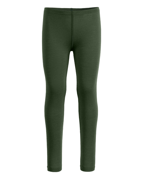 the menique 160gsm merino pants for kids in dark green color, front view.