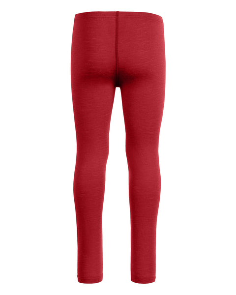 The menique kids&#39; 160gsm merino pants in royal cherry color, back view. 