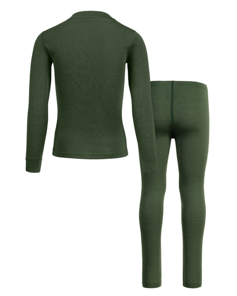 Kids&#39; 160 Long Sleeve &amp; Bottom 2-Piece Dark Green, back view.
