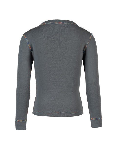 BAck view of the kids&#39; menique merino 250gsm long sleeve top, in perfect gray color, white background.