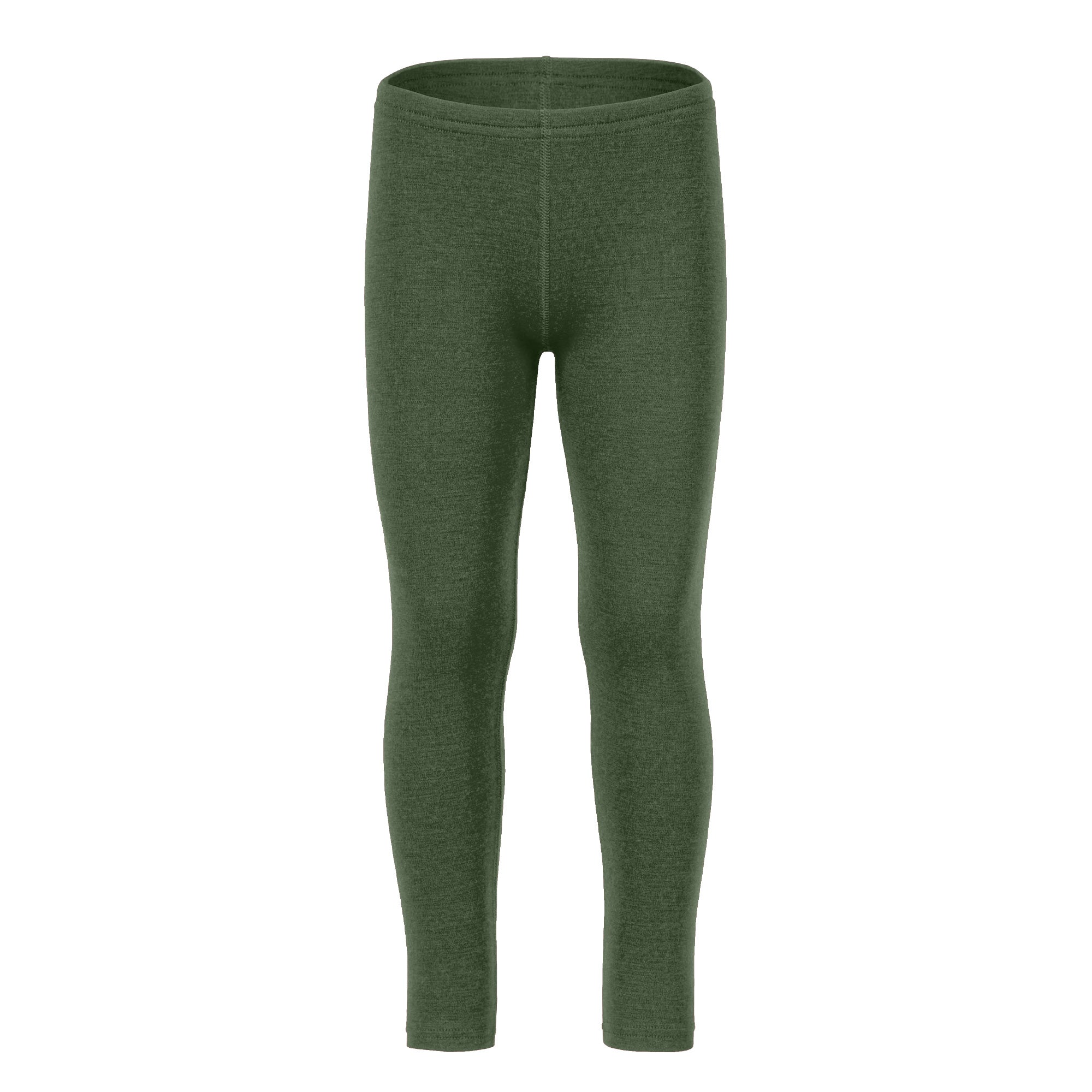 Child wearing merino wool menique leggings in the color dark green
