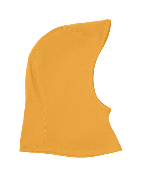 Yellow merino wool balaclava for kids, soft breathable winter headwear designed for warmth and outdoor play.