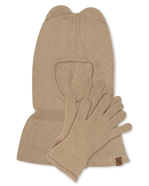 Kids&#39; Knit Balaclava &amp; Gloves Cotton 2-Piece Set Creamy Beige