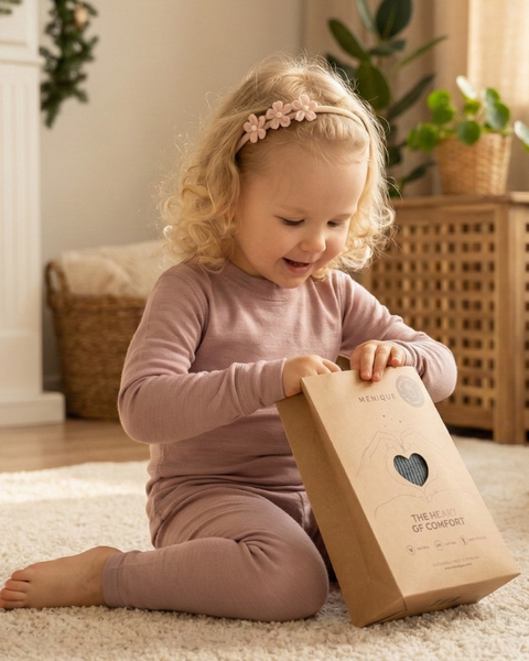 Child opening a box in a cozy living room with a fireplace and armchairs.