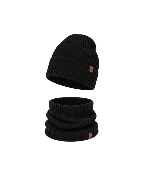 Product set image showing a solid black knit beanie alongside a matching gathered black knit neck gaiter against a white background.