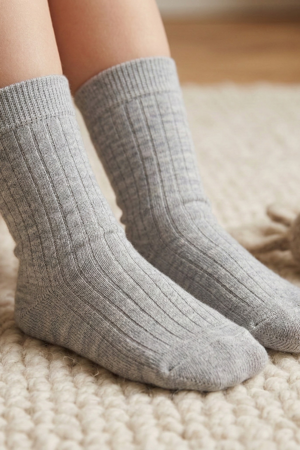 Child wearing light grey merino wool socks on a soft rug.