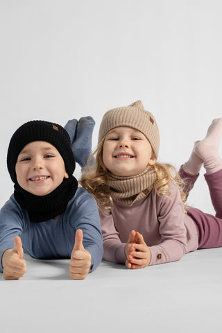 Kids' Merino Wool Ribbed Knit Beanie & Gaiter Set - 2-7Y / Sand Beige