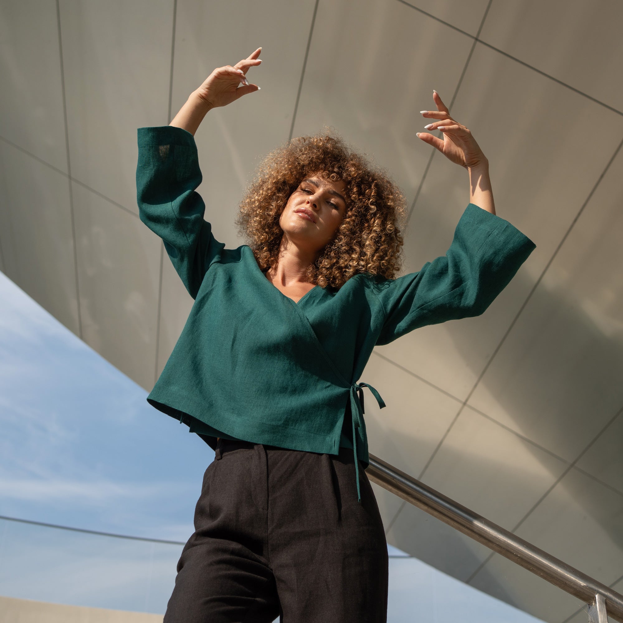 Thea: Women's Linen Long Sleeve Wrap Top ❤️ menique - MENIQUE