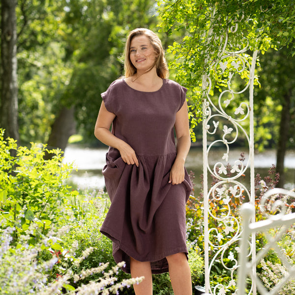 Hypoallergenic Smock Linen Dress Cecilia Shadow Purple