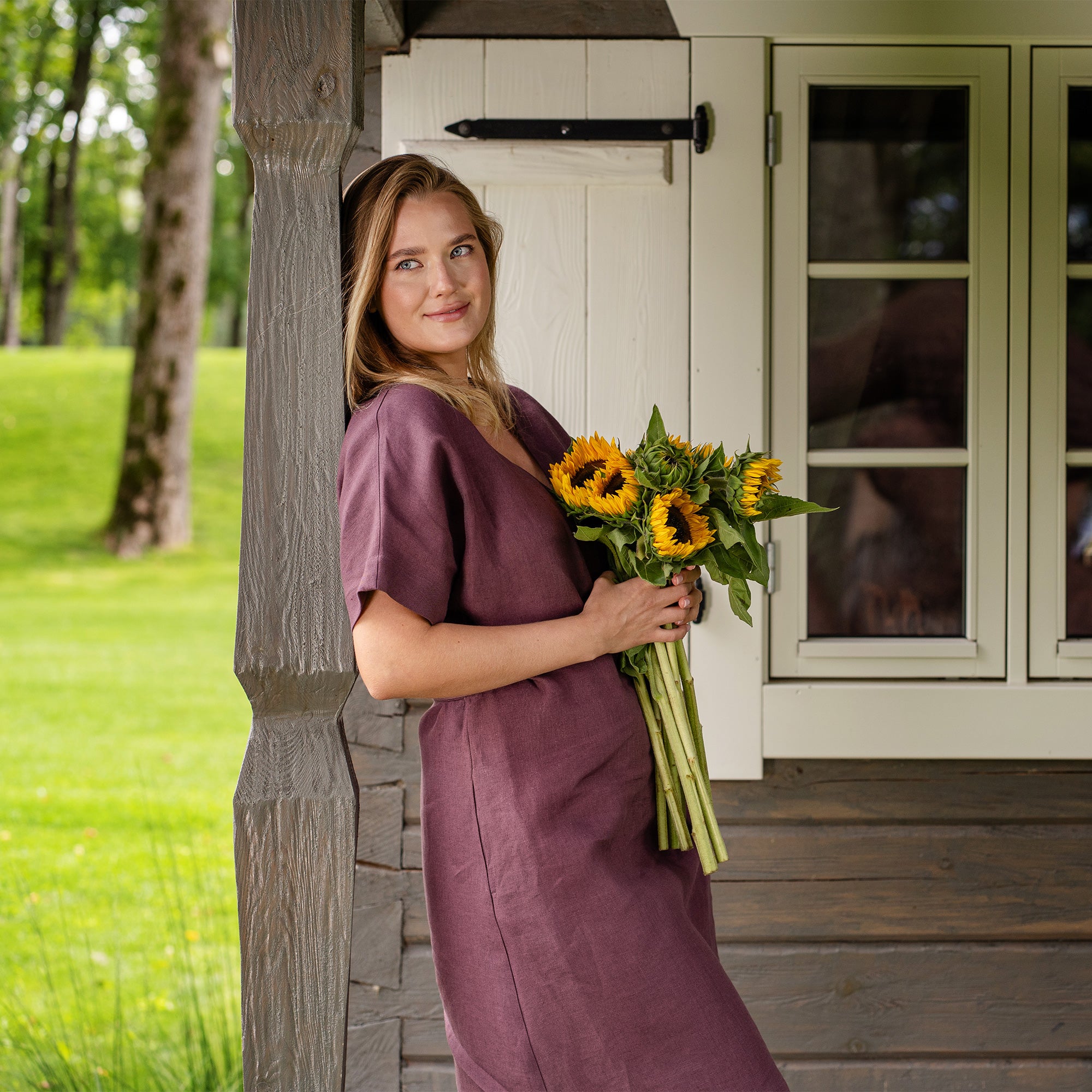 Organic Linen Wrap Dress Eliana Almond Brown ❤️ menique - MENIQUE