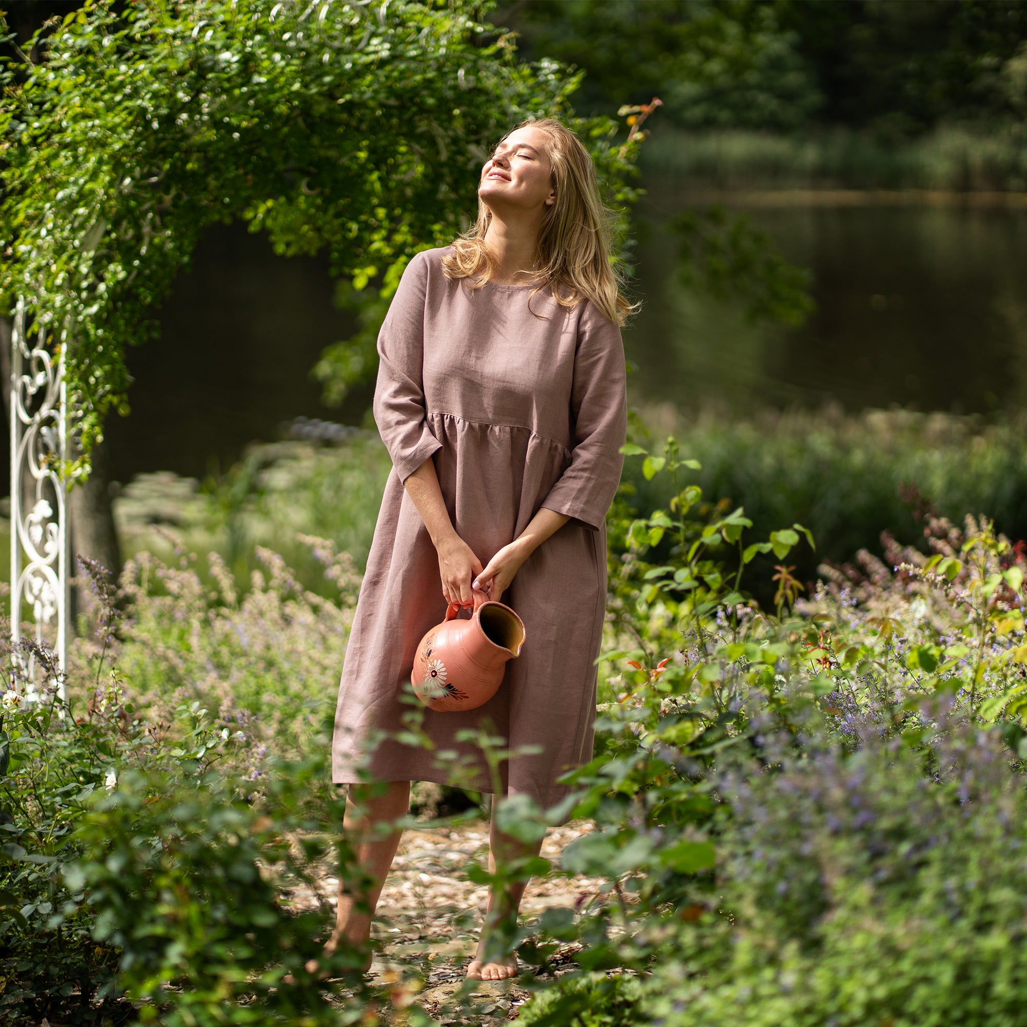 100% Linen Smock Dress Lucy Storm Blue ❤️ menique - MENIQUE