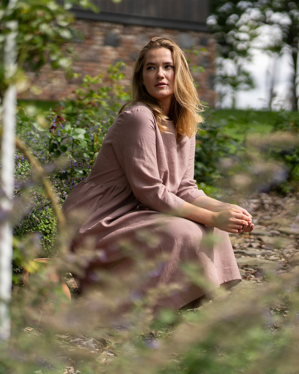 smock dress linen European 100% Linen Loose Fit Dress - 3/4 Sleeves Dress For Summer - Linen Dress For Vacation - Faded Rose