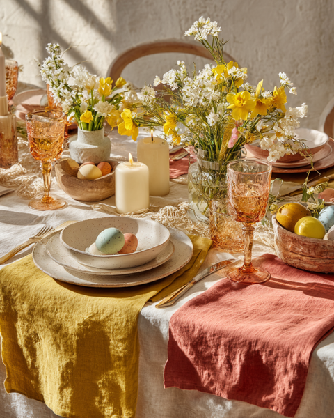 A sun-drenched Easter table featuring a spicy yellow linen napkin and a muted terracotta napkin draped over a light cream tablecloth. Speckled stoneware plates are stacked with colorful eggs, surrounded by fresh yellow daffodils, white spring flowers, and amber-tinted glassware.