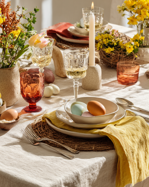A bright, airy table arrangement with a neutral linen base and a bold spicy yellow linen napkin tucked under a stoneware plate. The setting includes a woven seagrass charger, amber-colored glassware, and several ceramic vases filled with a mix of yellow and orange spring blooms and textured greenery.