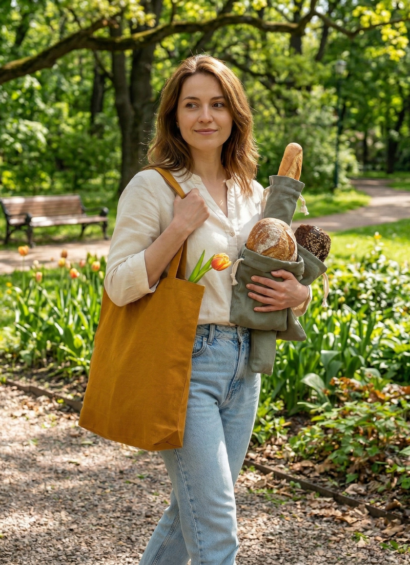 Woman carrying mustard linen tote bag filled with fresh bread and flowers, reusable eco-friendly shopping bag styled outdoors in park setting