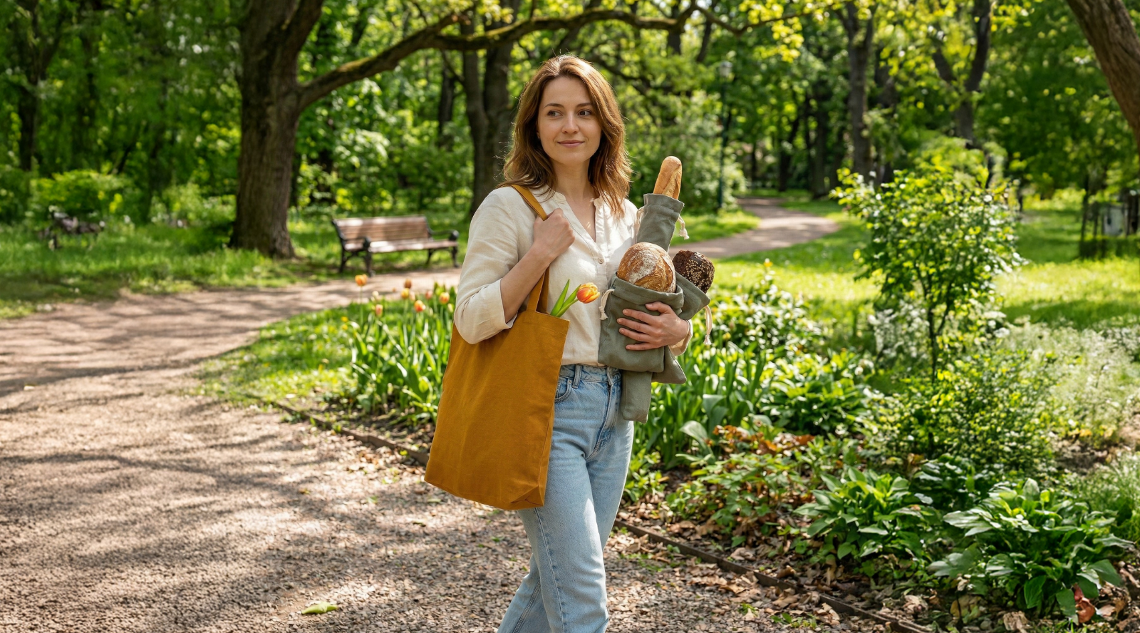 Woman carrying mustard linen tote bag filled with fresh bread and flowers, reusable eco-friendly shopping bag styled outdoors in park setting