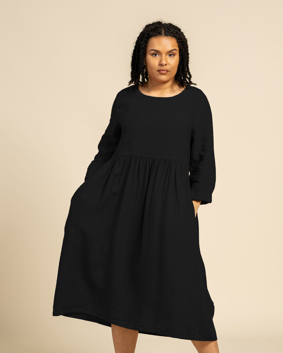 Natural Linen Loose Dress - Relaxed Fit Dress For Summer - Vacation Linen Dress - Pure Black - Menique Natural Linen Loose Dress - Relaxed Fit Dress For Summer - Vacation Linen Dress - Pure Black - Menique