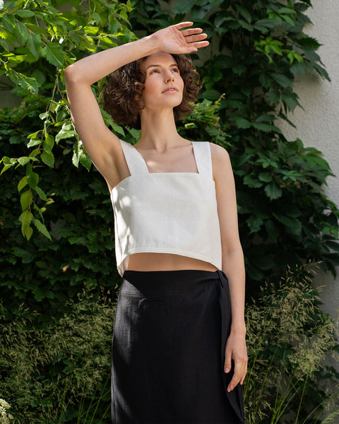 Linen Pinafore Crop Top with Back Buttons Pure White