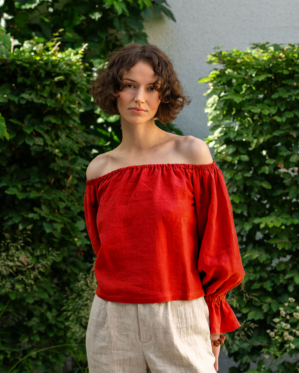 Off Shoulder Sustainable Linen Blouse with Ruffles ❤️ menique Off Shoulder Sustainable Linen Blouse with Ruffles ❤️ menique