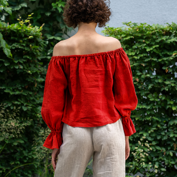 Off Shoulder Sustainable Linen Blouse with Ruffles ❤️ menique