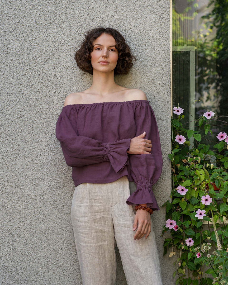 Off Shoulder Sustainable Linen Blouse with Ruffles ❤️ menique Off Shoulder Sustainable Linen Blouse with Ruffles ❤️ menique