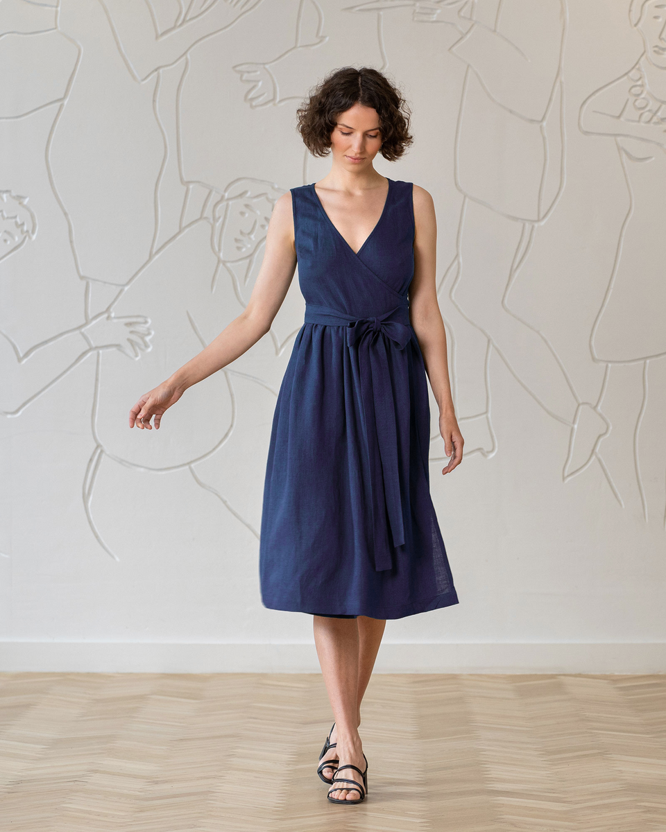 Linen Sleeveless Wrap Smock Dress Macie XS / Storm Blue Linen Sleeveless Wrap Smock Dress Macie XS / Storm Blue