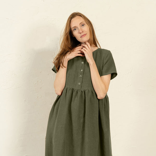 Hypoallergenic Linen Smock Dress Maria Stone Green ❤️ menique