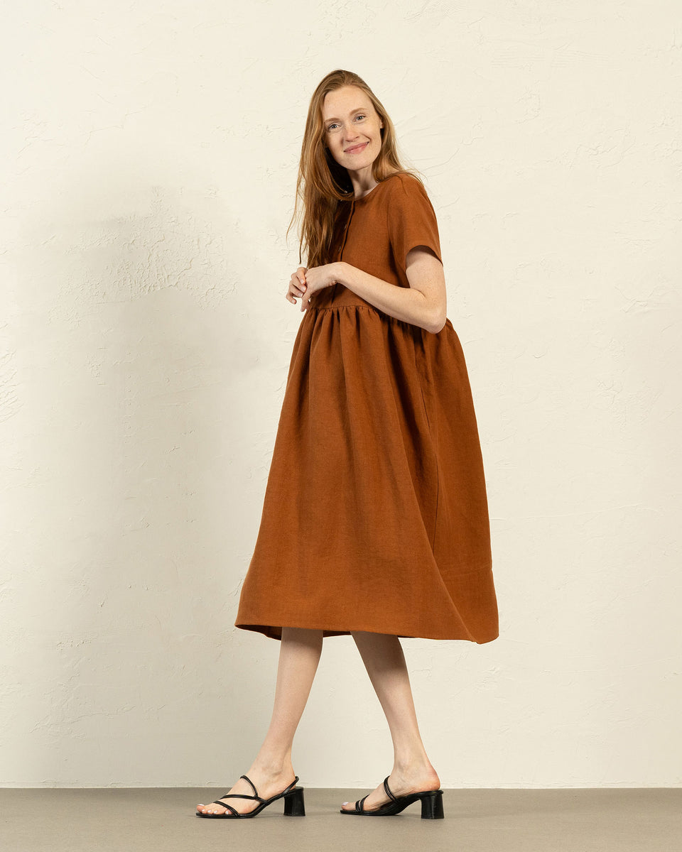 Short Sleeve Button Front Smock Dress - Round Neck, Summer - Almond Brown - S Short Sleeve Button Front Smock Dress - Round Neck, Summer - Almond Brown - S