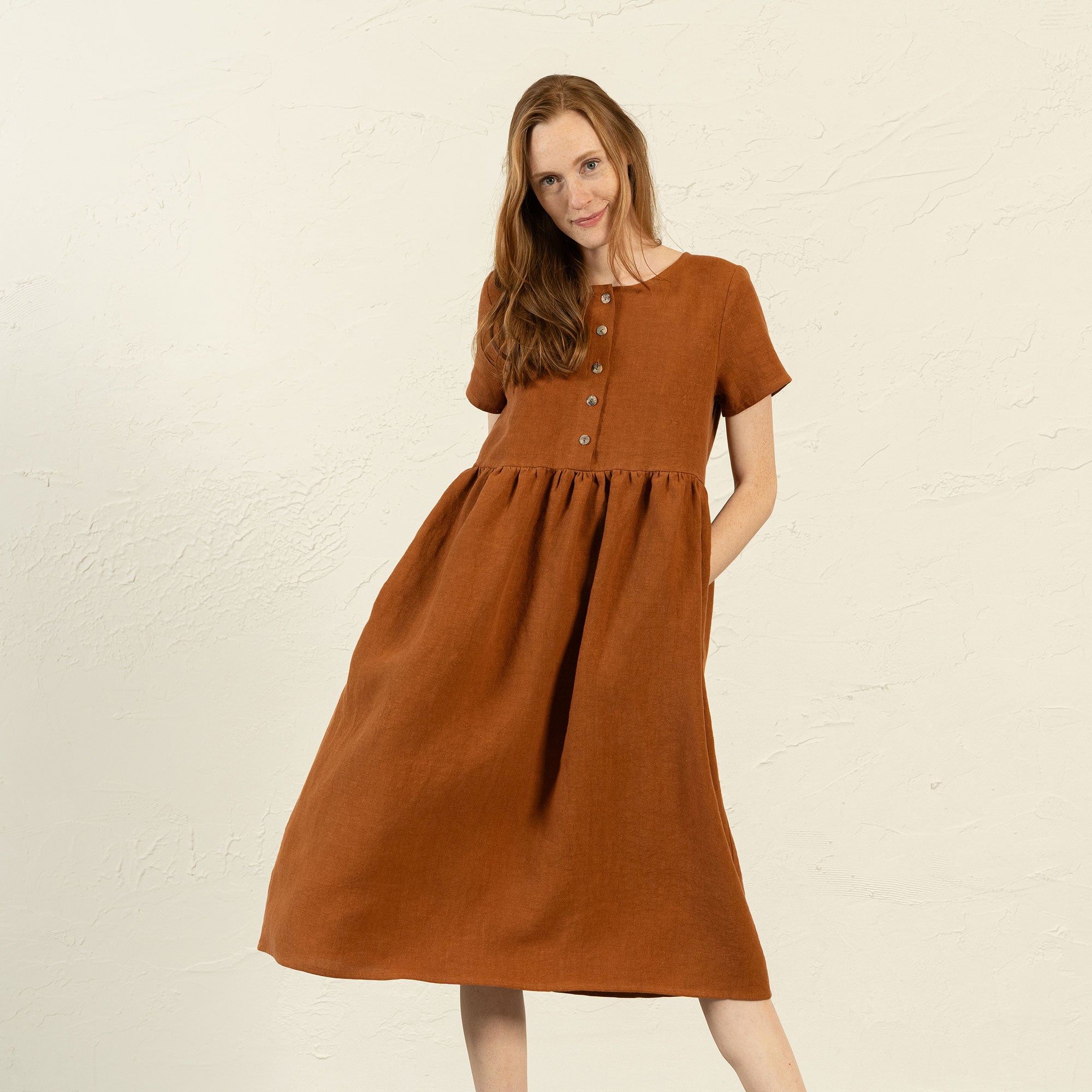 Hypoallergenic Linen Smock Dress Maria Almond Brown ❤️ menique