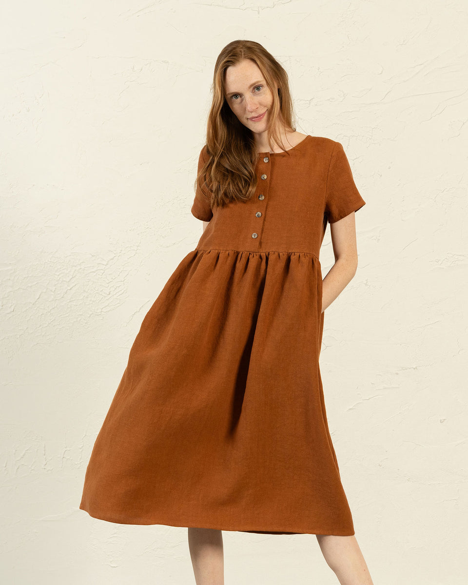 Short Sleeve Button Front Smock Dress - Round Neck, Summer - Almond Brown - L Short Sleeve Button Front Smock Dress - Round Neck, Summer - Almond Brown - L
