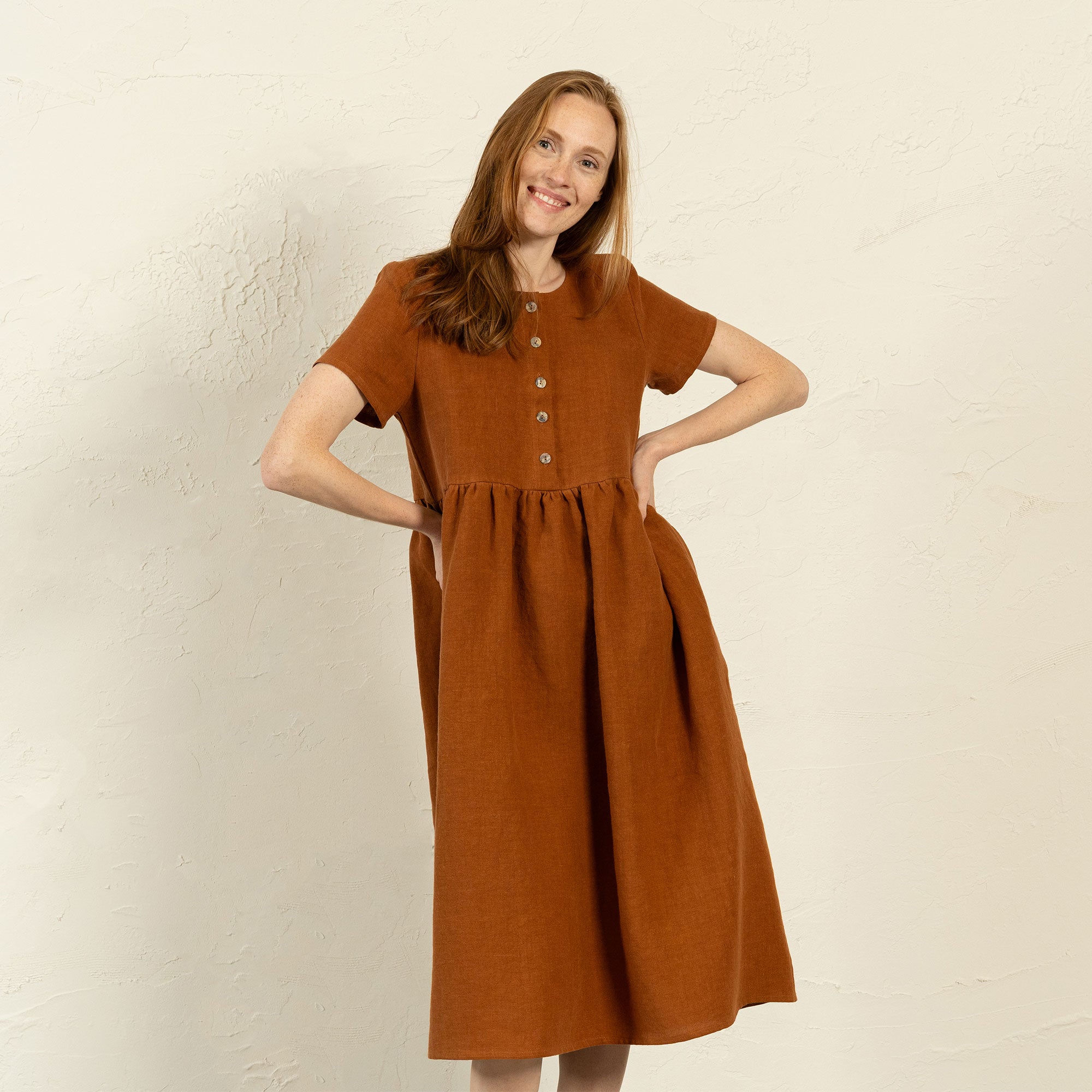 Hypoallergenic Linen Smock Dress Maria Almond Brown ❤️ menique