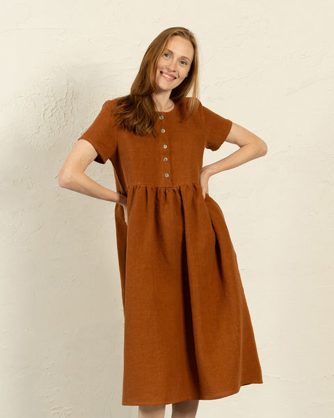 Short Sleeve Button Front Smock Dress - Round Neck, Summer - Almond Brown