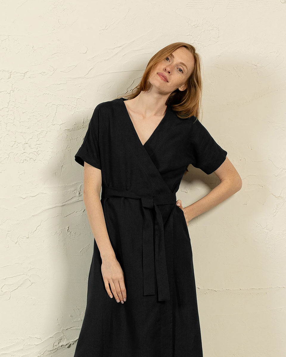 Maxi Dress - 100% Linen, Wrap Style, Perfect for Summer Days - Pure Black Maxi Dress - 100% Linen, Wrap Style, Perfect for Summer Days - Pure Black