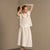Linen Midi Skirt Sophia matched with Linen Short Sleeve Top Emma in Pure White color