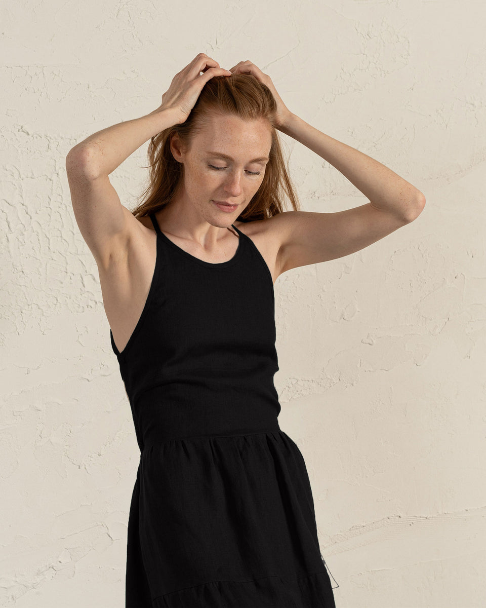 Elegant Women's Linen Strap Back Dress Soleil menique - MENIQUE Elegant Women's Linen Strap Back Dress Soleil menique - MENIQUE