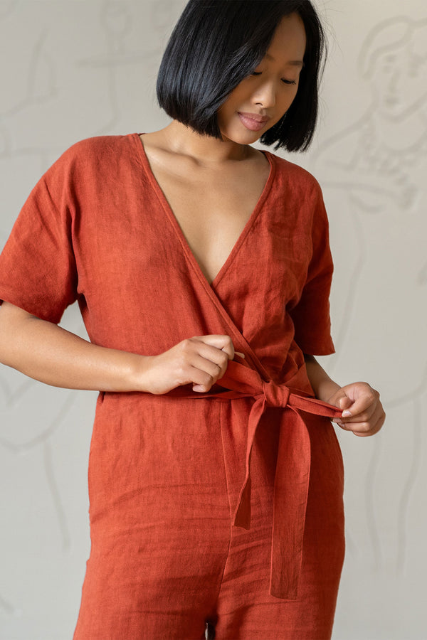 Linen Short Sleeve Wrap Jumpsuit Mindy